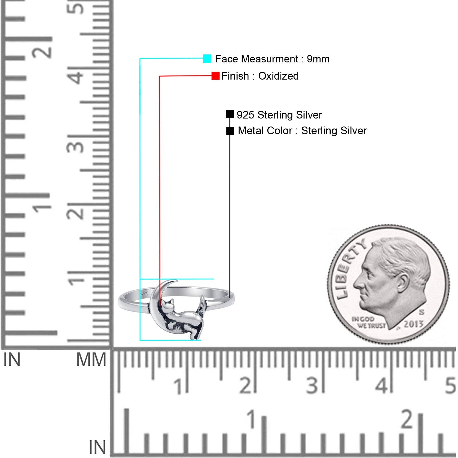 Sterling Silver Crescent Moon & Lounging Cat Ring Oxidized