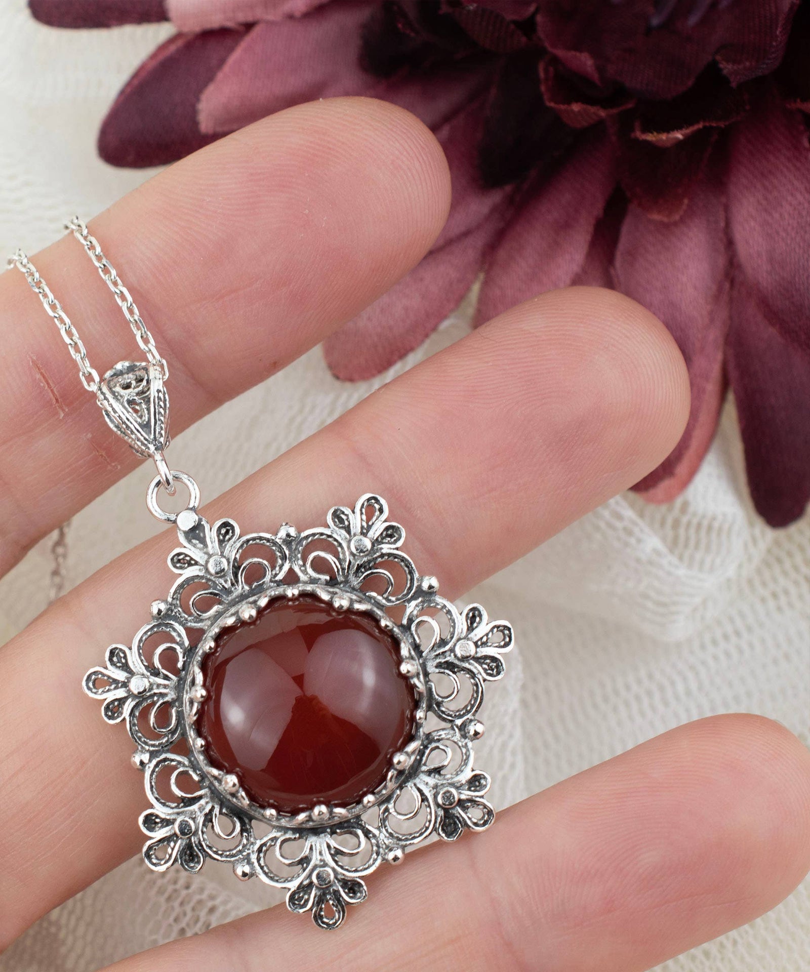 Sterling Silver Filigree Carnelian Pendant with 20" chain