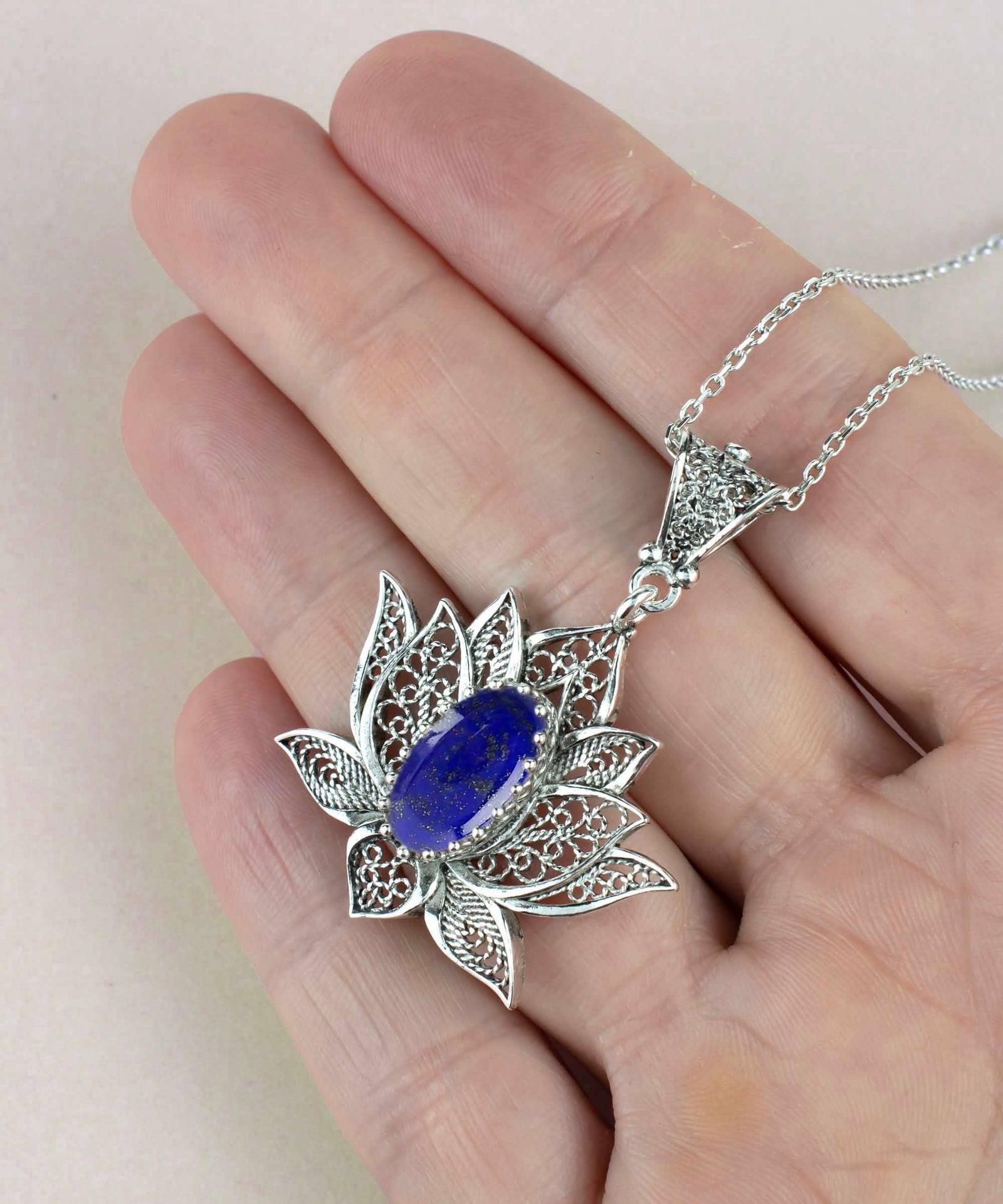 Sterling Silver Filigree Lotus Flower Lapis Lazuli Gemstone Pendant