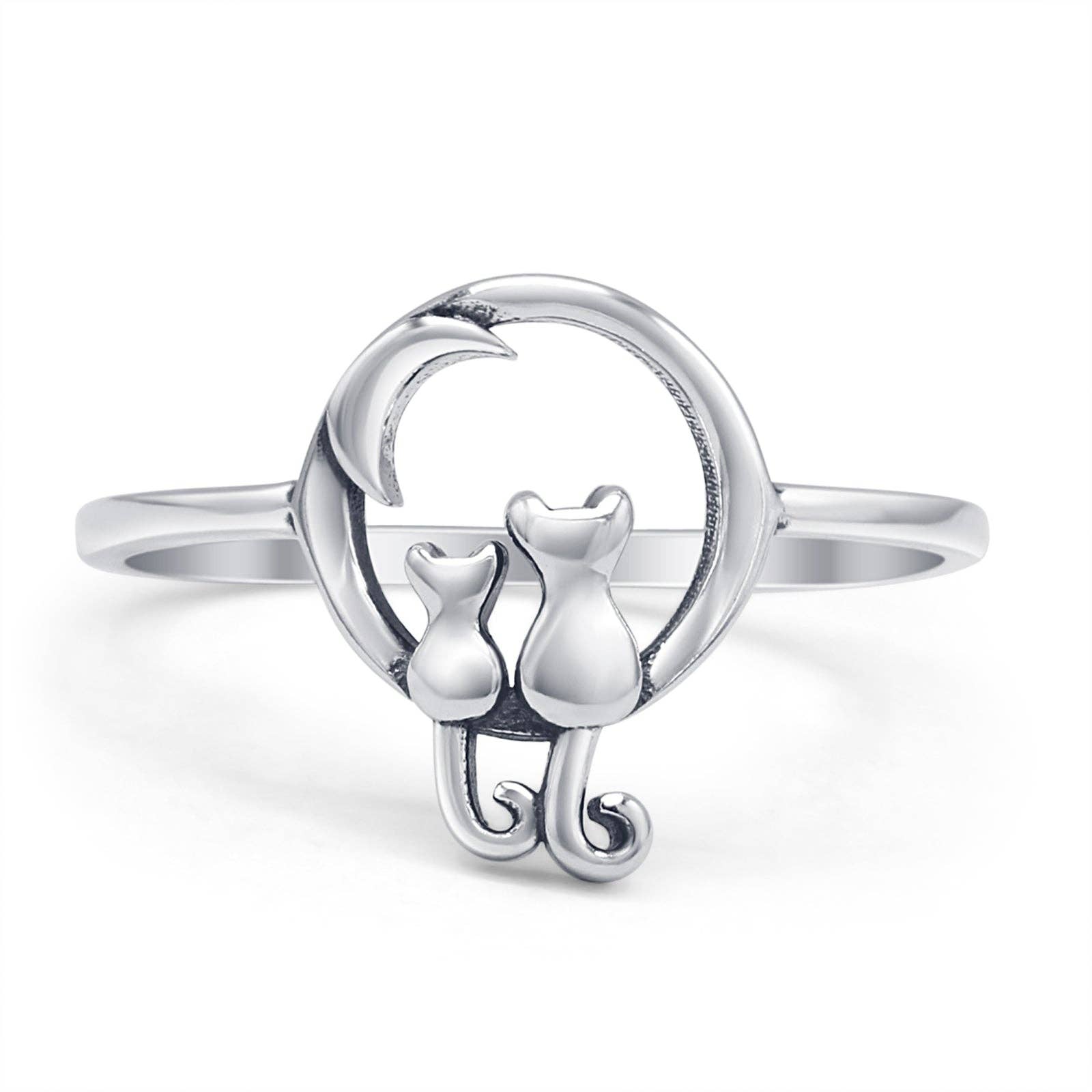 Sterling Silver Cats & Moon Ring