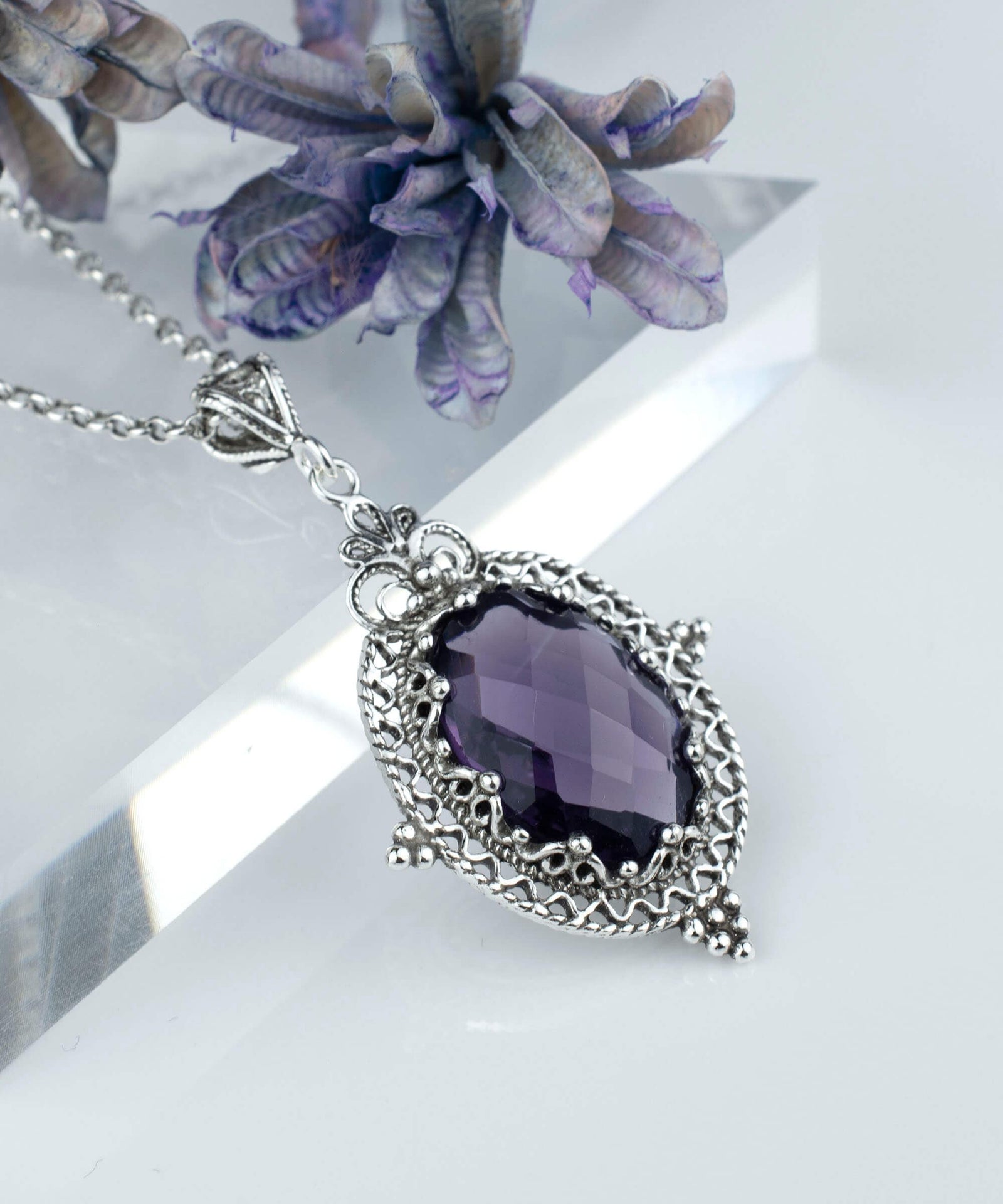 Sterling Silver Filigree Art Amethyst Gemstone Women Oval Pendant