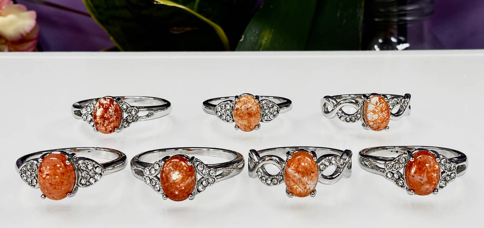 Natural Sunstone Stainless Steel Crystal Rings 6x8mm