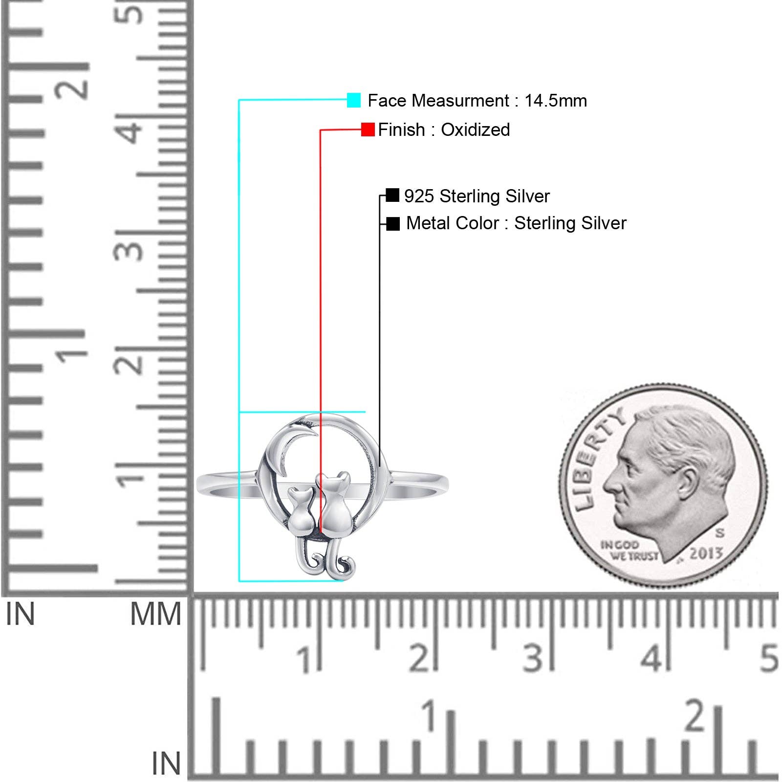 Sterling Silver Cats & Moon Ring