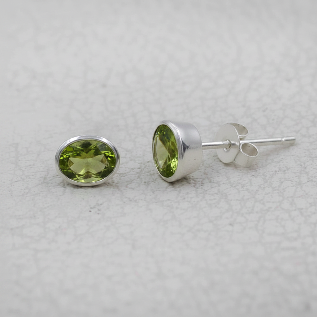 Peridot 925 Sterling Silver Oval Stud Earrings