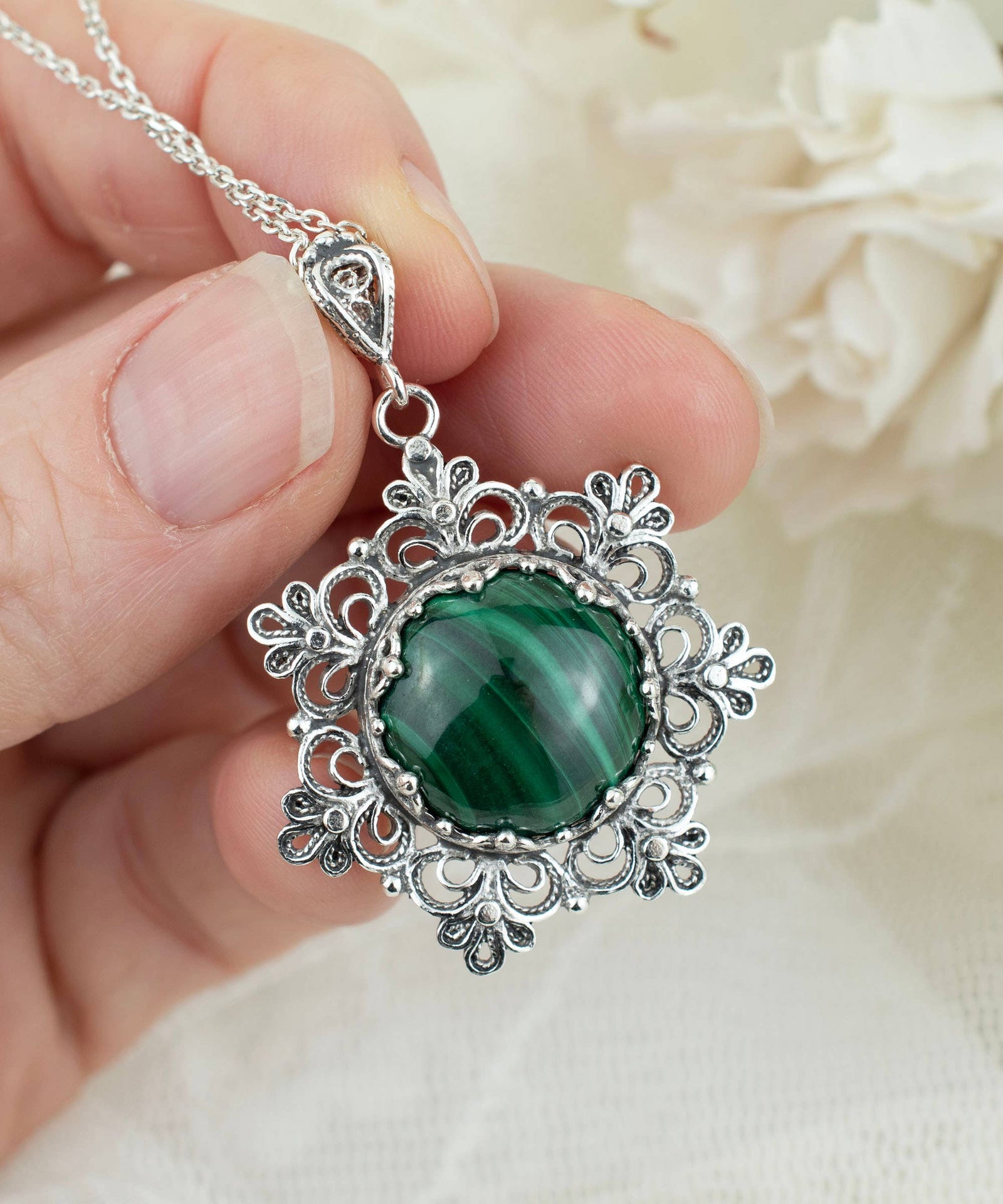 Sterling Silver Filigree Malachite Pendant w/ 20" chain