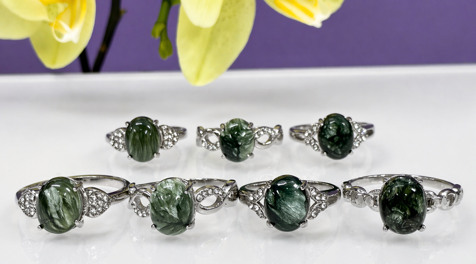 Natural Seraphinite Stainless Steel Ring 8x10mm Crystals
