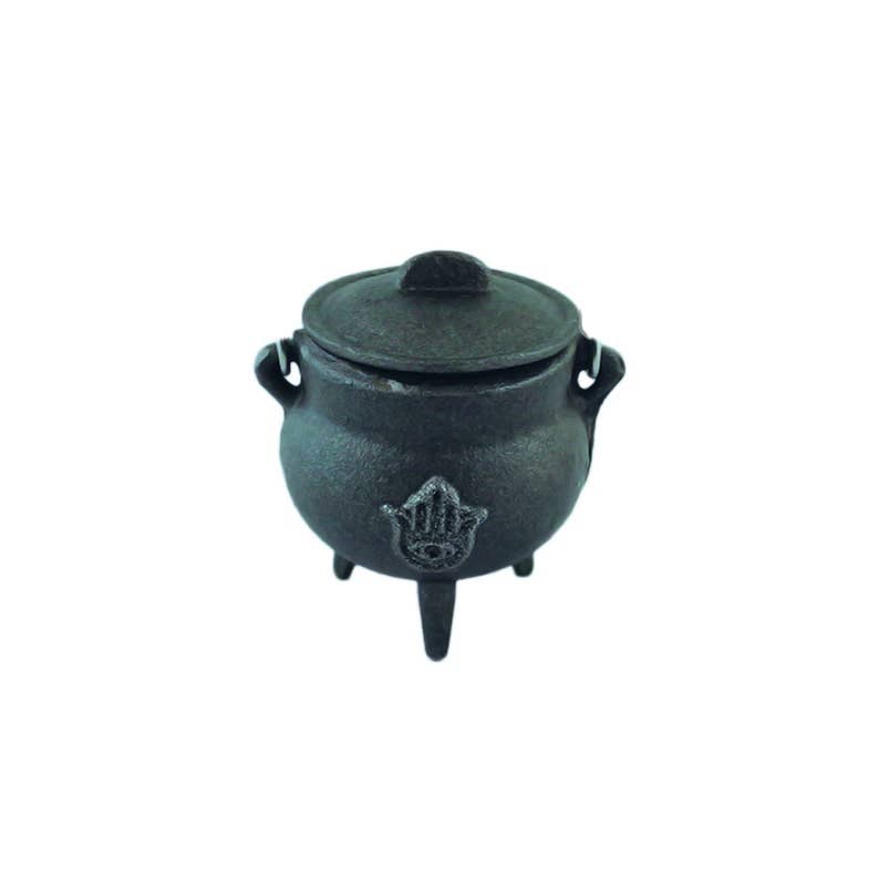 Cast Iron Cauldron w/ Lid - Mini Hand of Hamsa (3.5 in.)