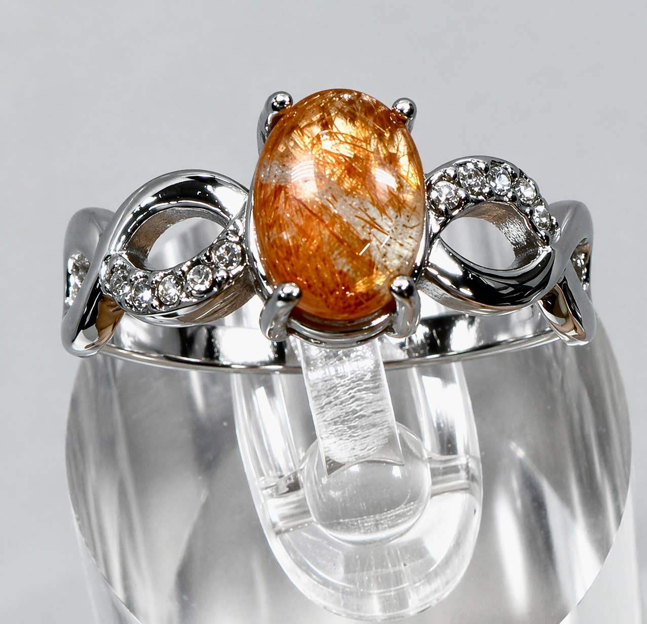 Natural Sunstone Stainless Steel Crystal Rings 6x8mm