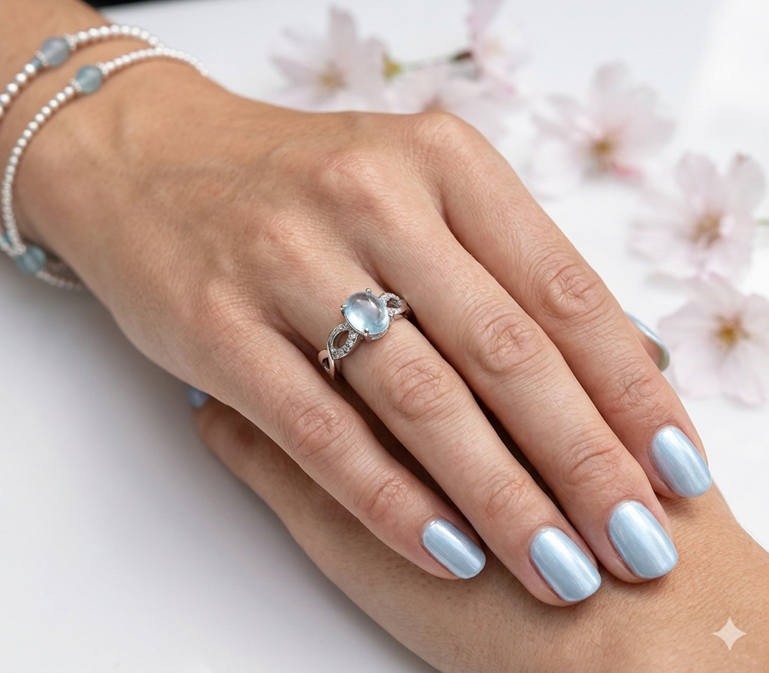 Natural Aquamarine Stainless Steel Ring Crystals 7x9mm