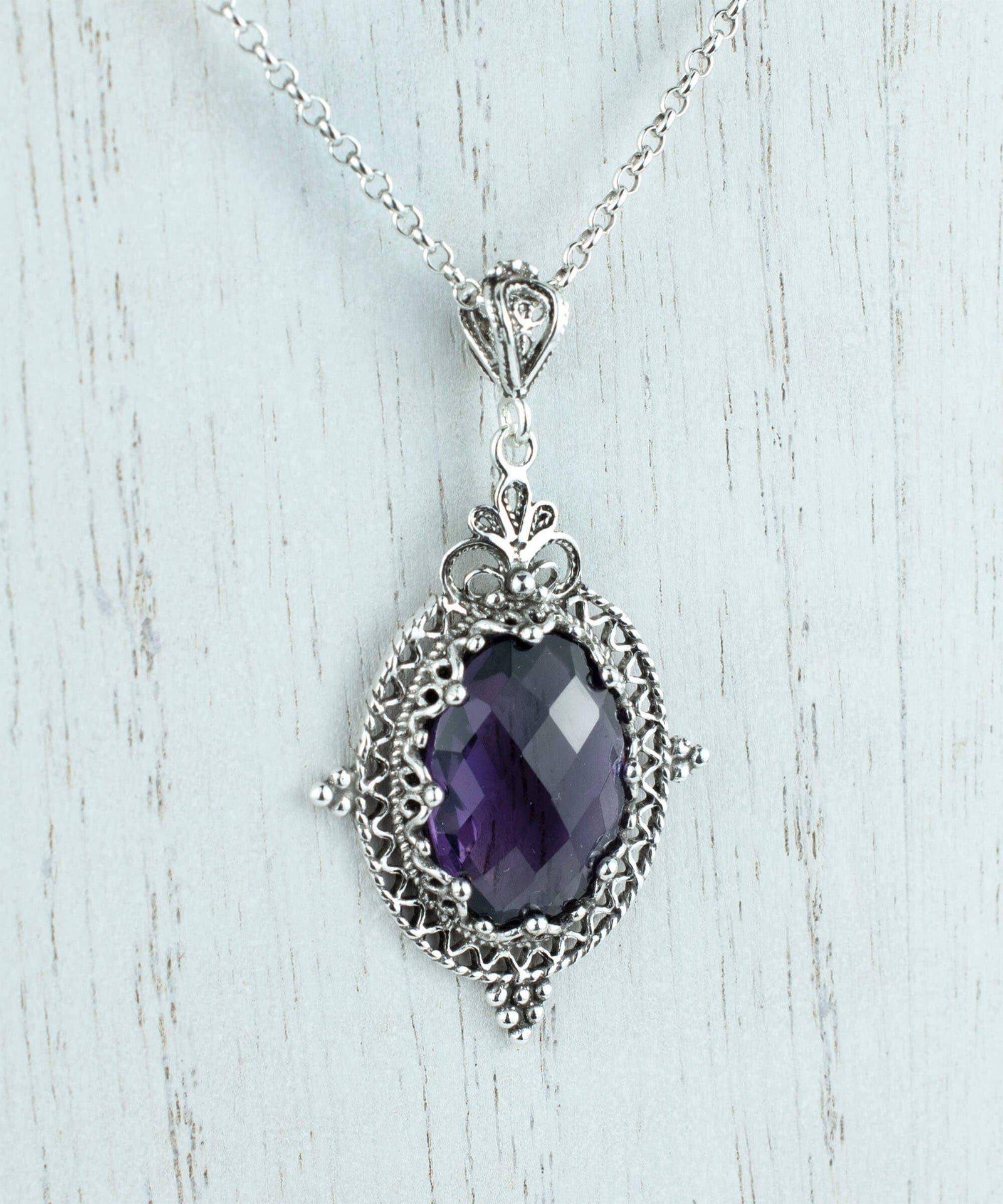 Sterling Silver Filigree Art Amethyst Gemstone Women Oval Pendant