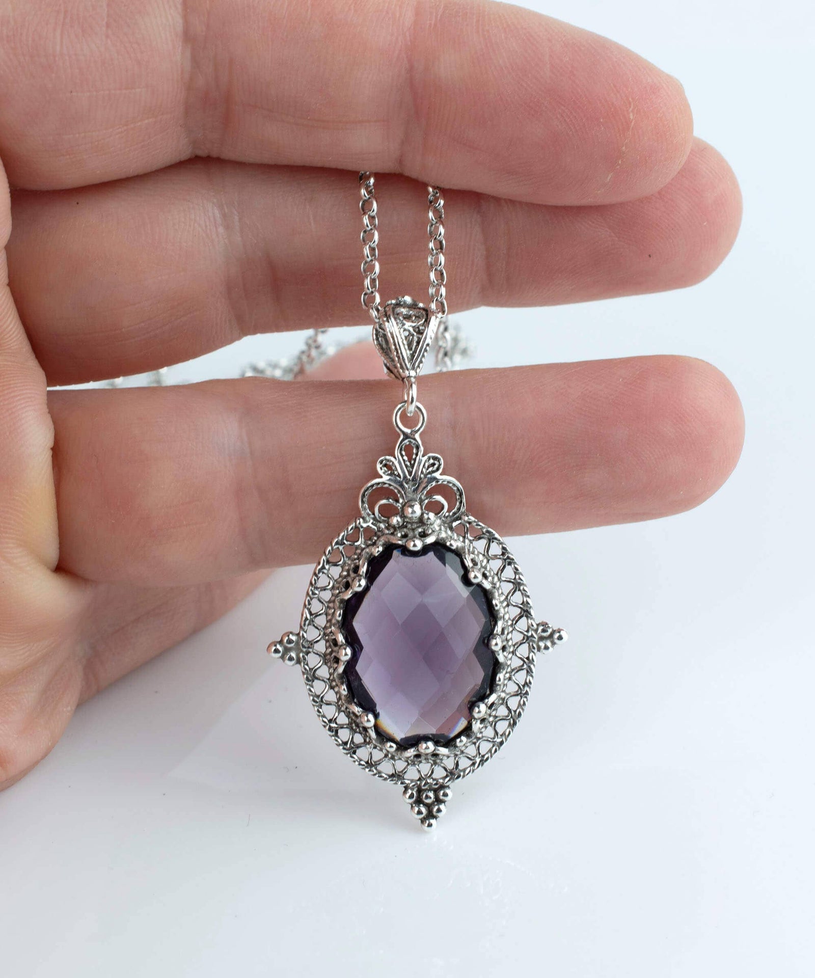 Sterling Silver Filigree Art Amethyst Gemstone Women Oval Pendant