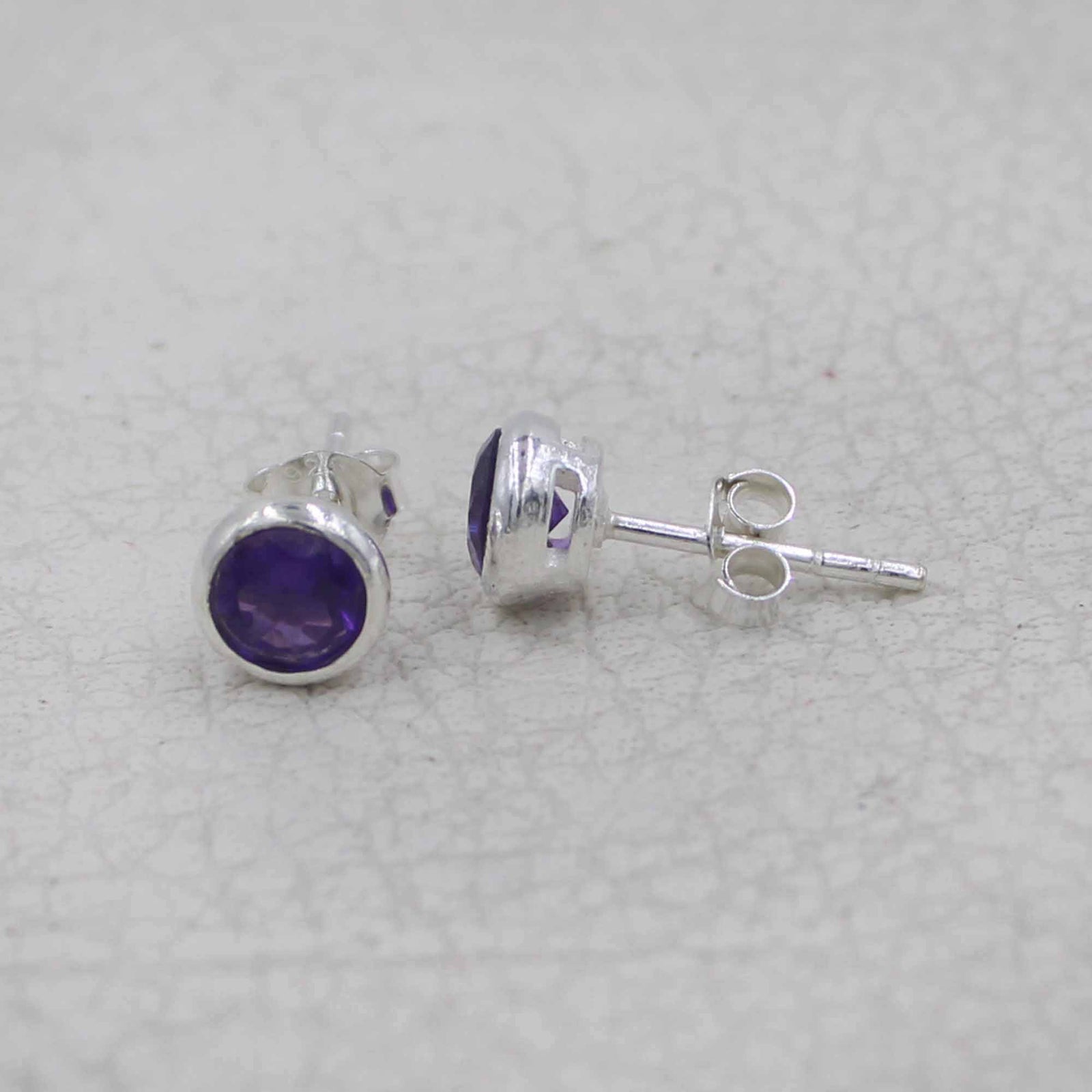 Round Amethyst Stud Sterling Silver Bezel Earrings