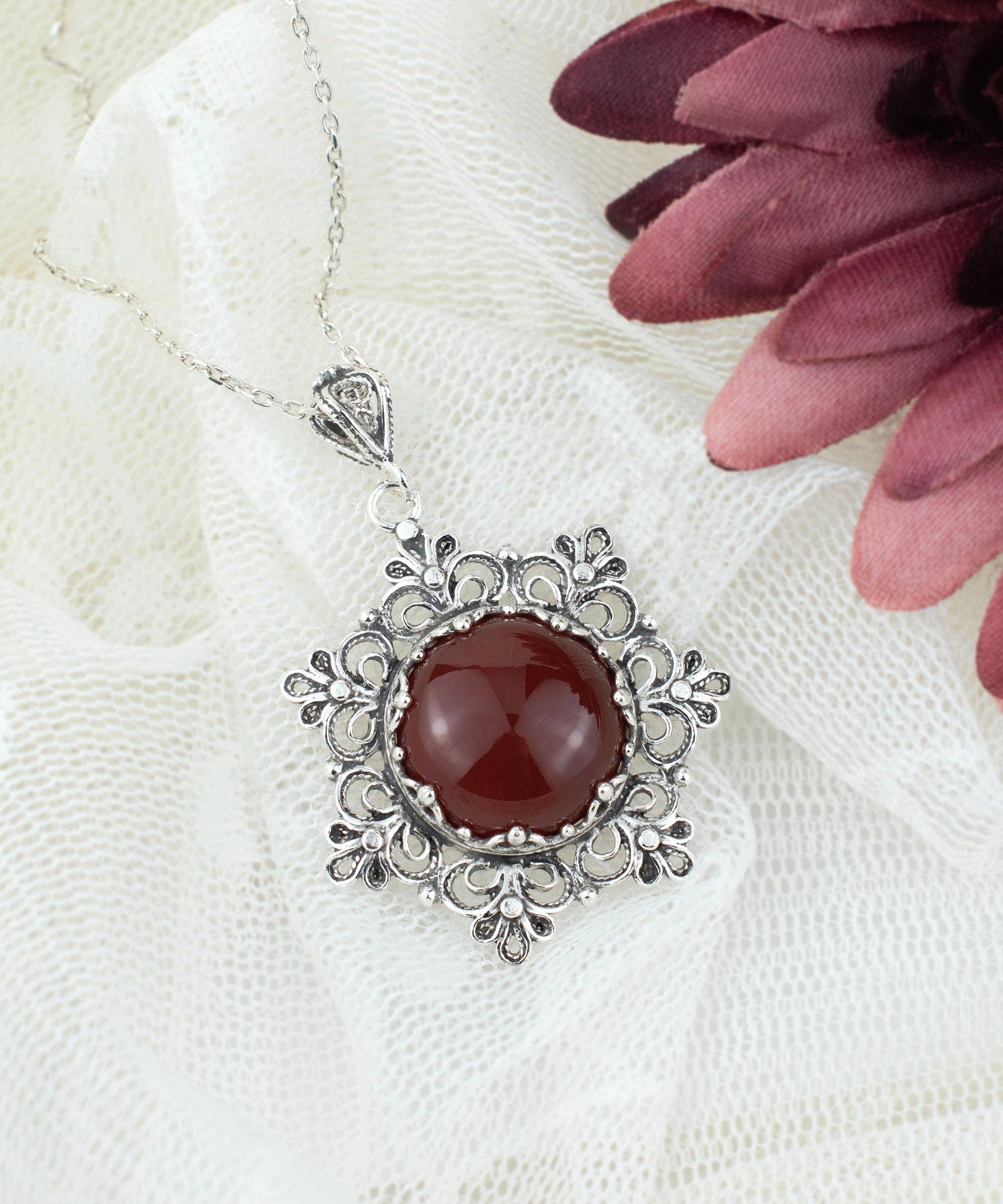 Sterling Silver Filigree Carnelian Pendant with 20" chain