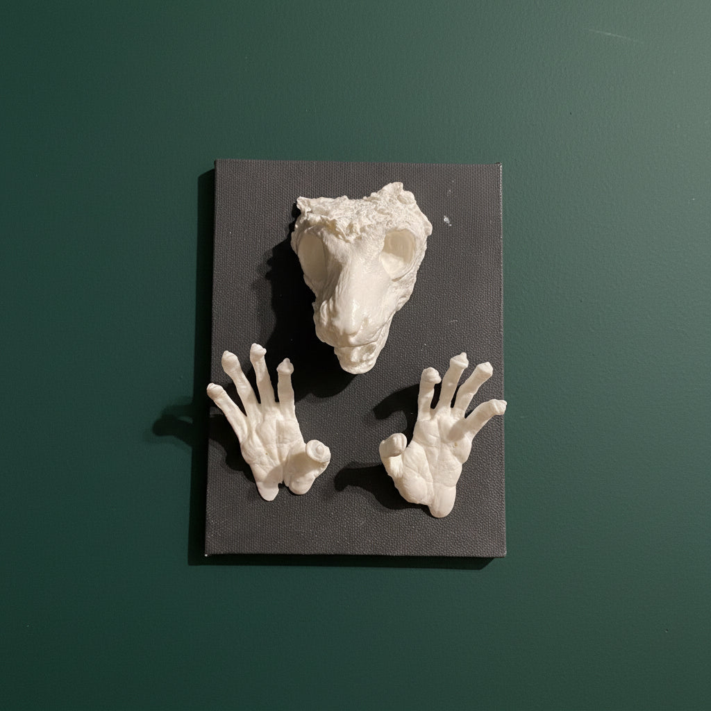 Life-sized mounted lemur head and paws on a black canvas with a label in the top right corner.