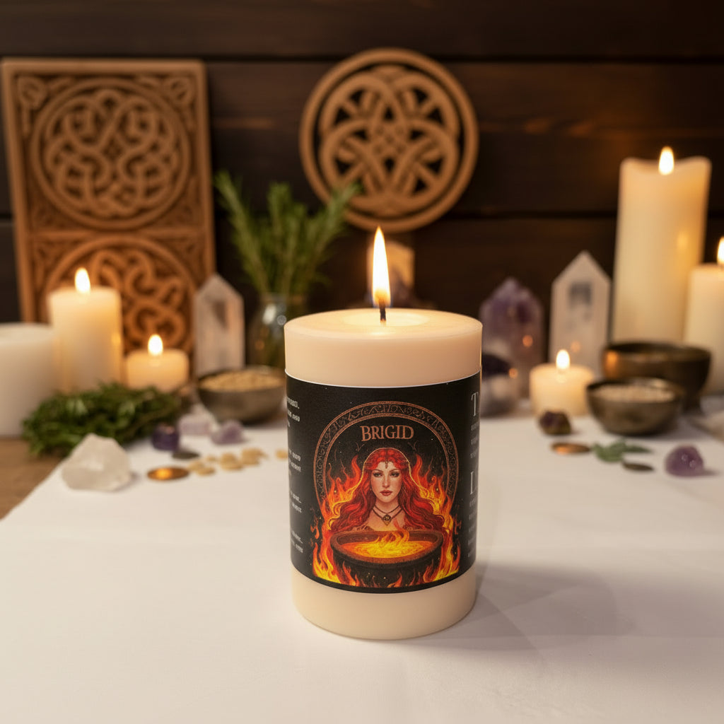 lit candle with the face of Brigid on the packaging with celtic knots in the background