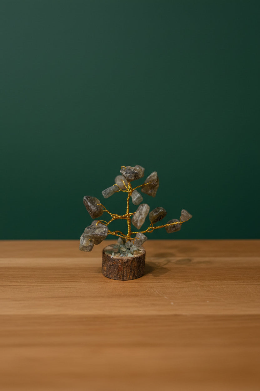 Mini Crystal Chip Tree (golden wire) Wood Base