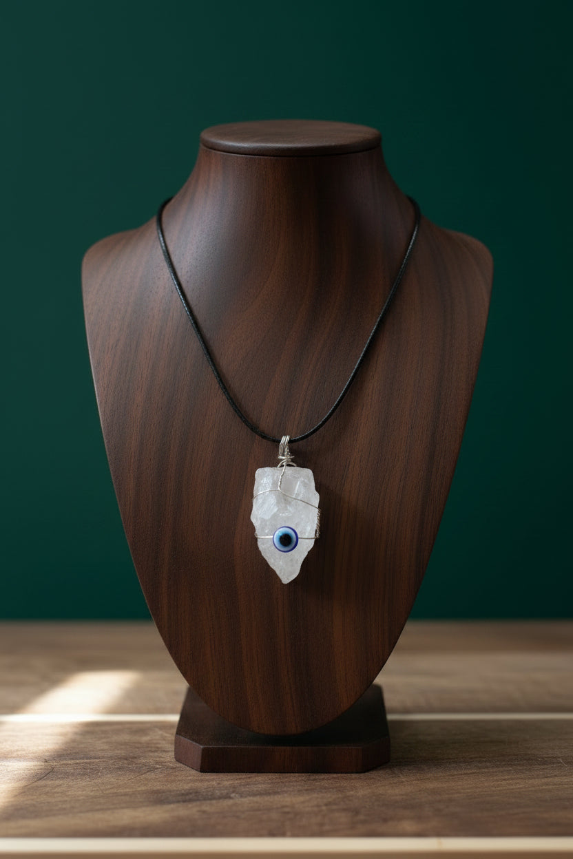 Evil Eye on Rough Crystal Necklace on Black Cord
