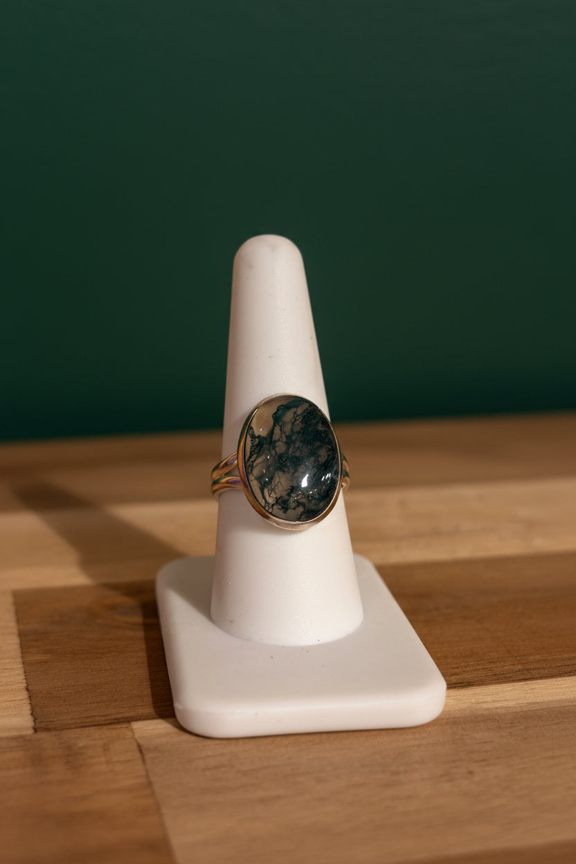 Moss Agate Sterling Silver Ring Size 8