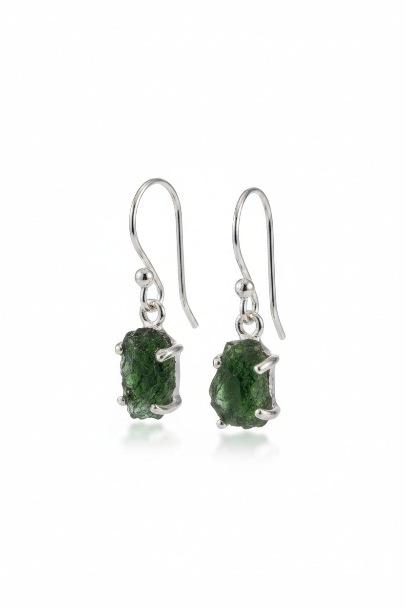 Raw Moldavite Sterling Silver Earring