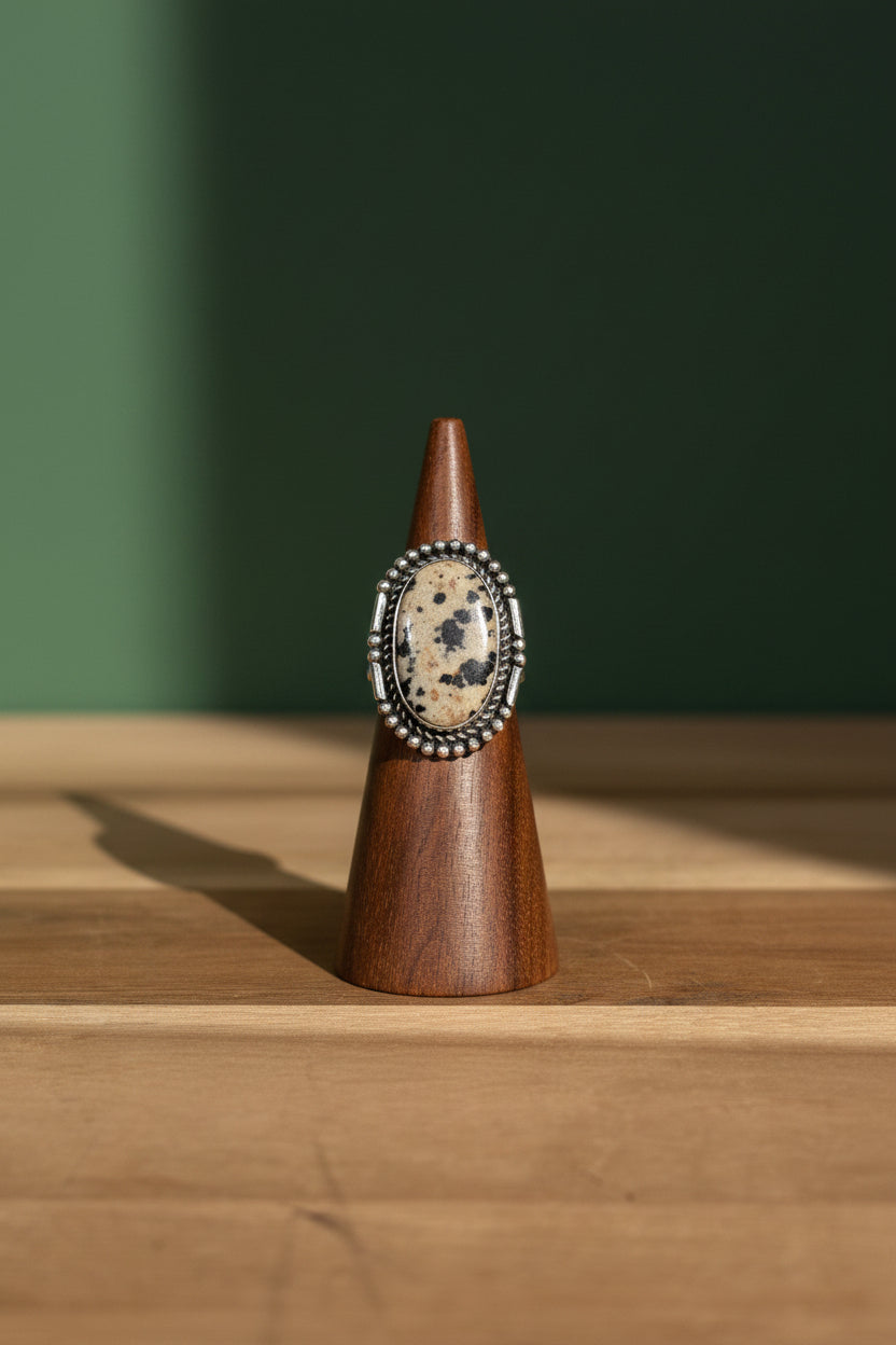 Dalmatian Stone Ring, size 6 – Silver-Plated over Brass