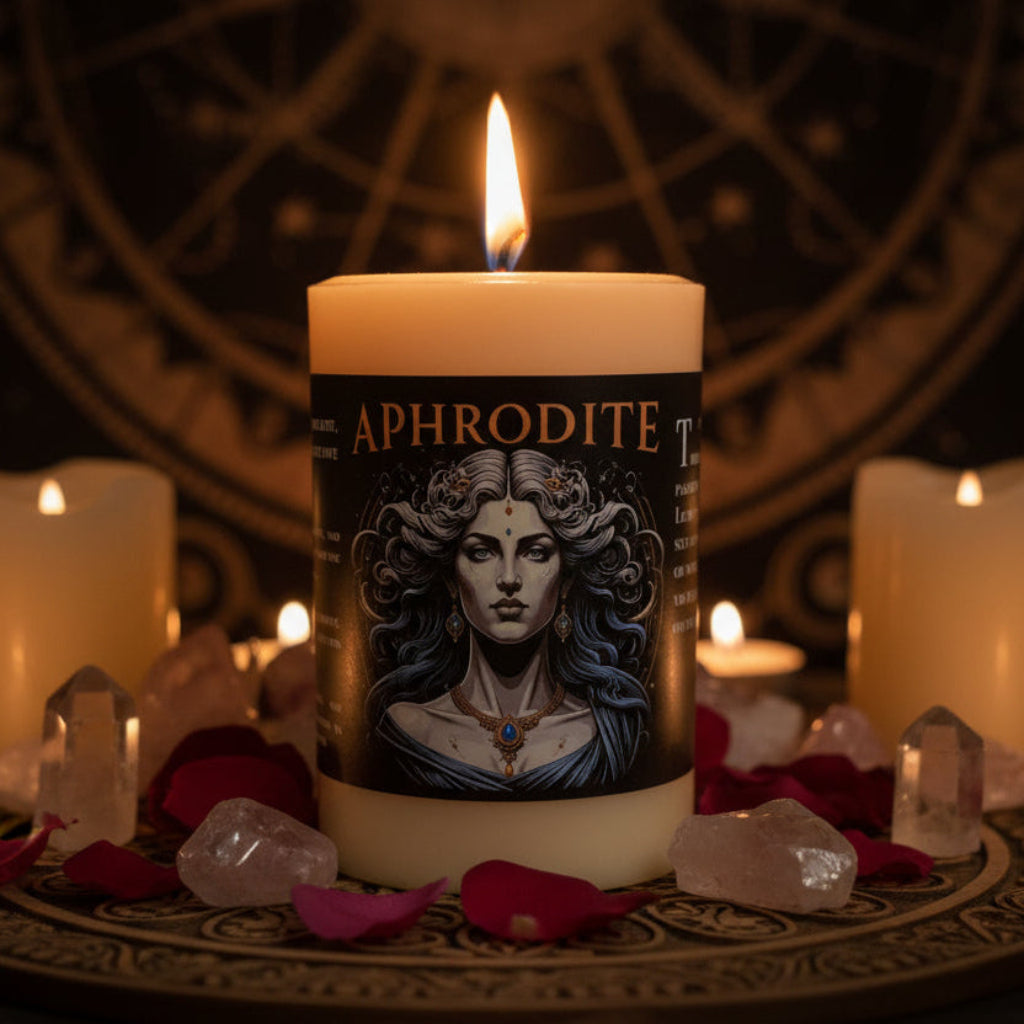 Candle with 'Aphrodite' label featuring a stylized illustration of a woman on a white background
