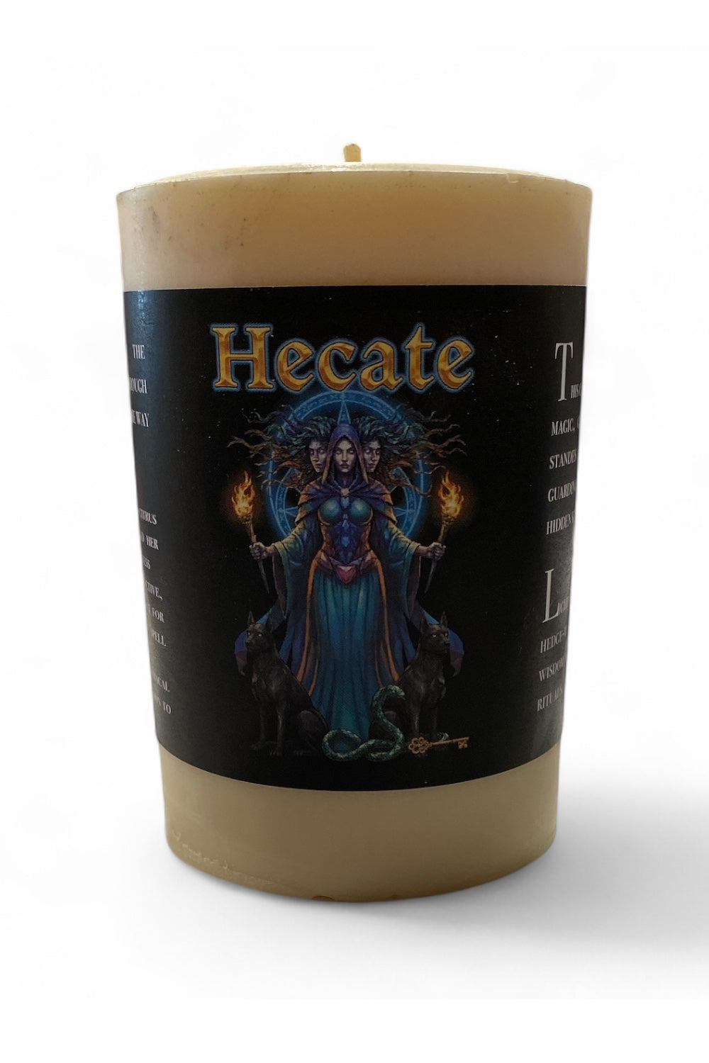 Candle with 'Hecate' label featuring an illustration of a goddess on a black background