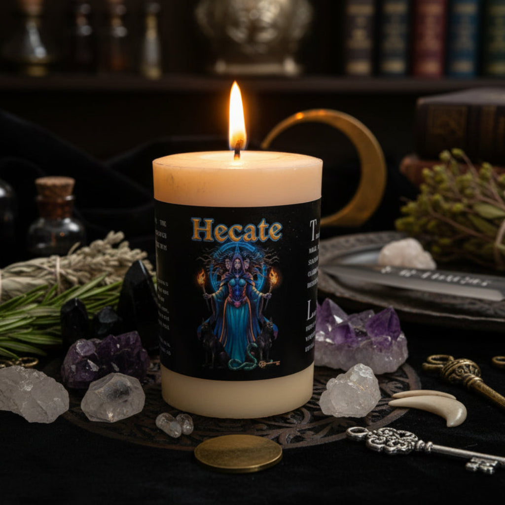 Candle with 'Hecate' label featuring an illustration of a goddess on a black background