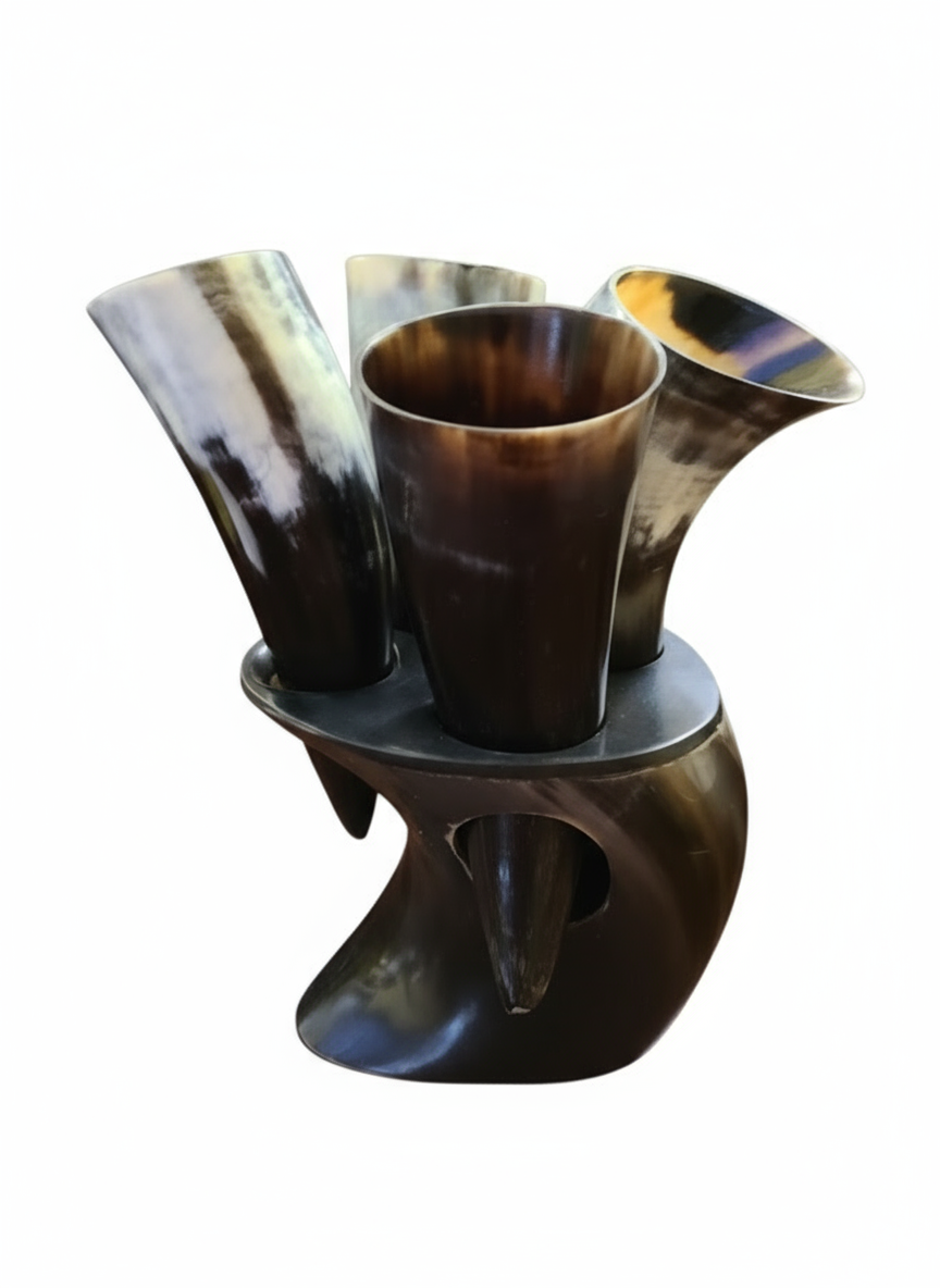 3oz Buffalo Horn Mugs Set – 4 Pc with Black Stand - Handcrafted Viking Drinkware