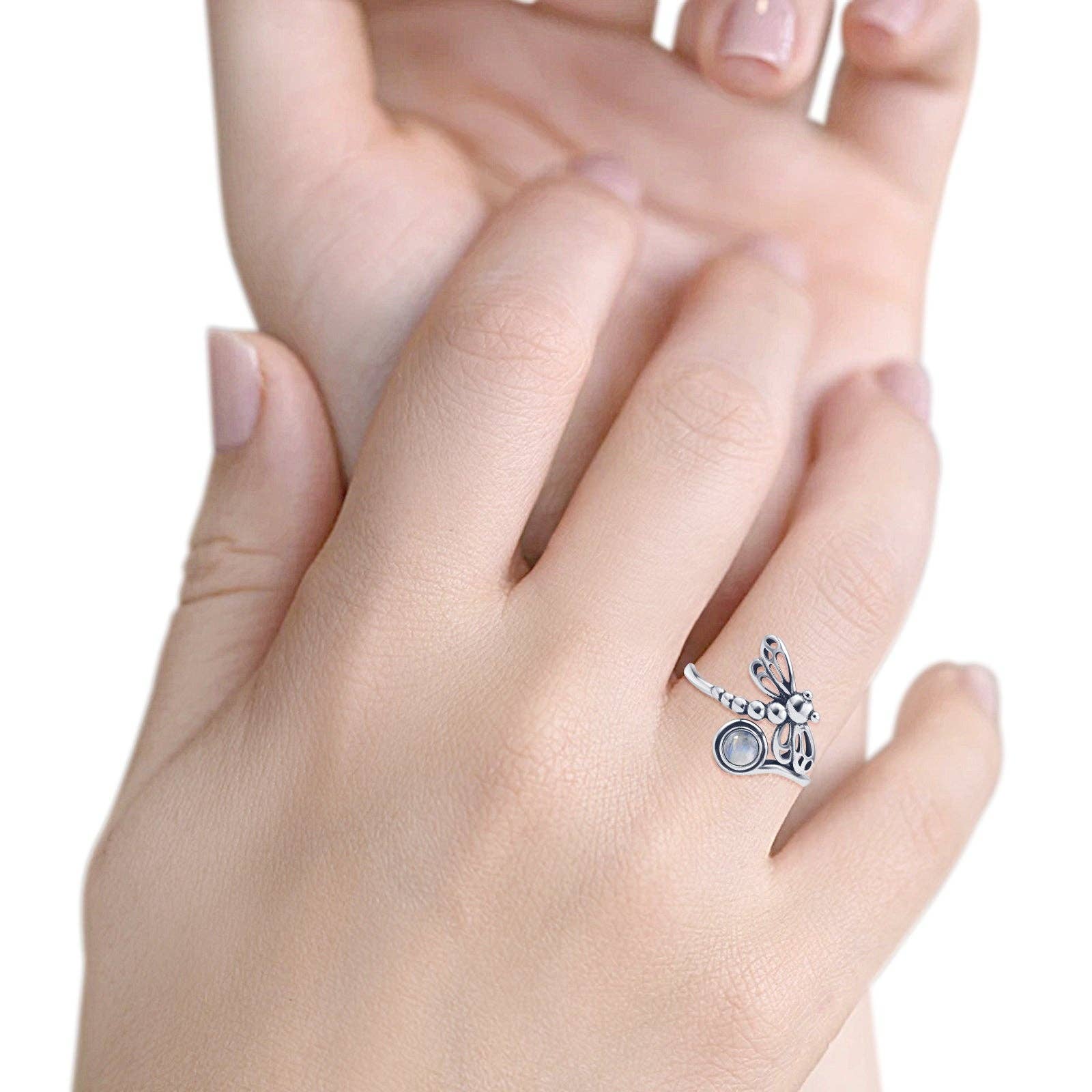 Sterling Silver Round Moonstone Dragonfly Ring