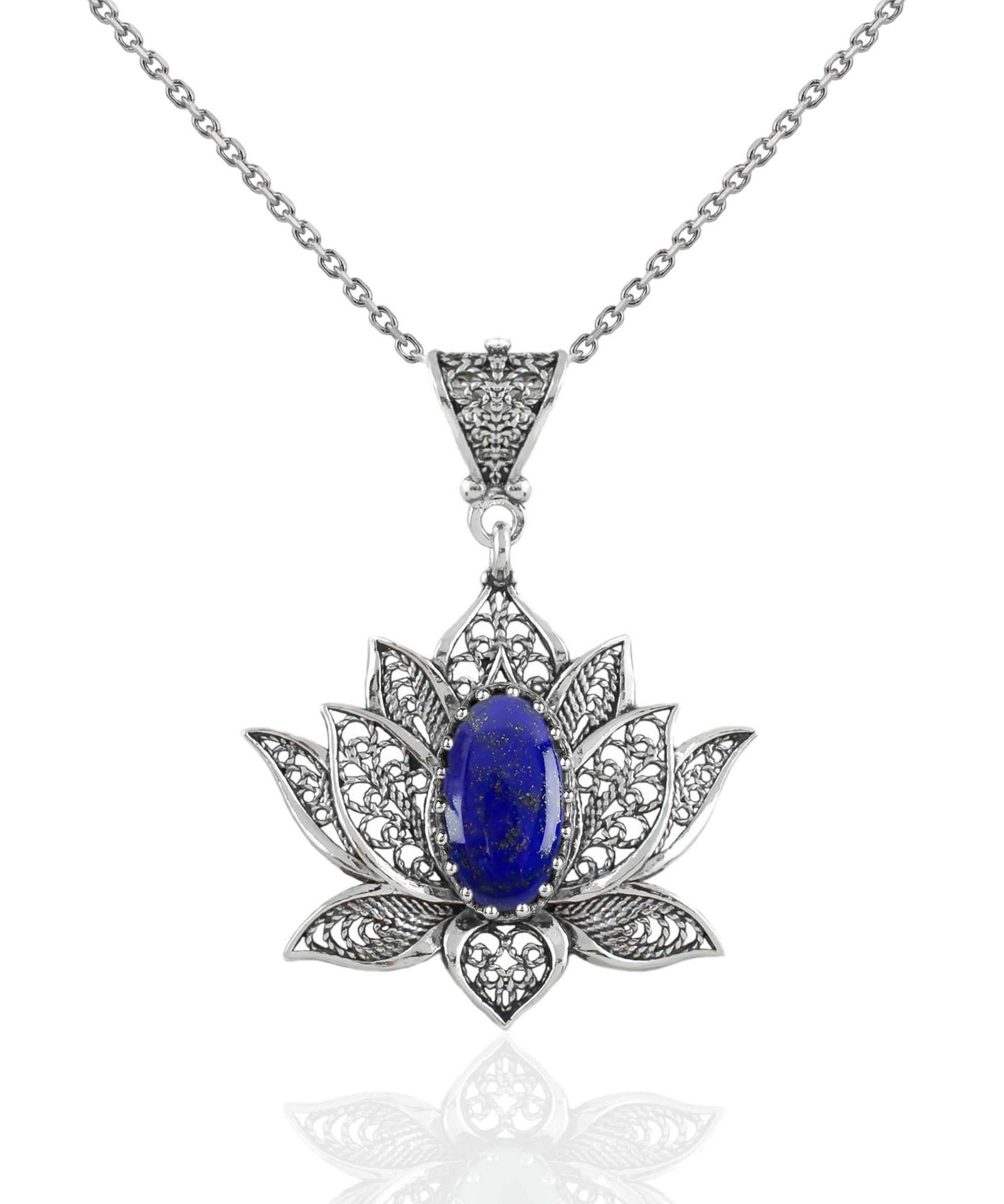 Sterling Silver Filigree Lotus Flower Lapis Lazuli Gemstone Pendant