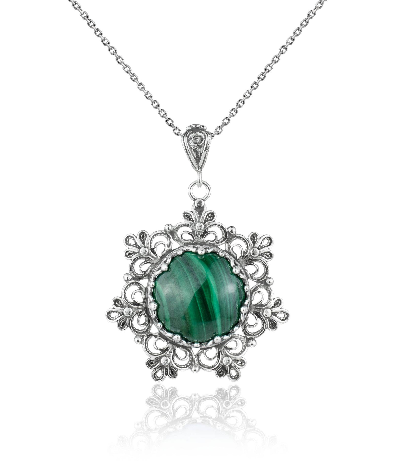 Sterling Silver Filigree Malachite Pendant w/ 20" chain