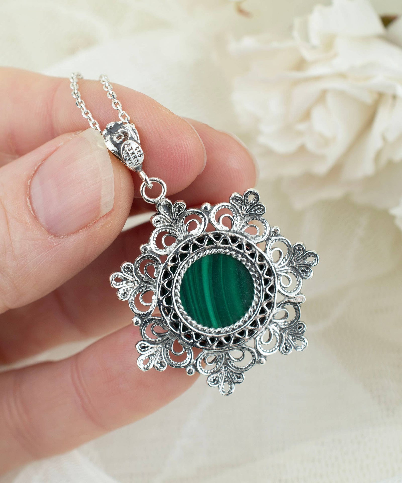 Sterling Silver Filigree Malachite Pendant w/ 20" chain