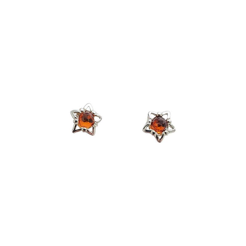 Star Cognac Amber Sterling Silver Stud Earrings