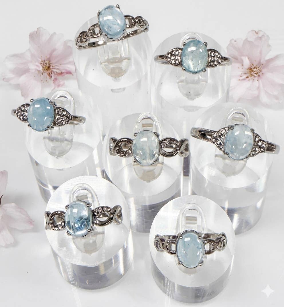 Natural Aquamarine Stainless Steel Ring Crystals 7x9mm