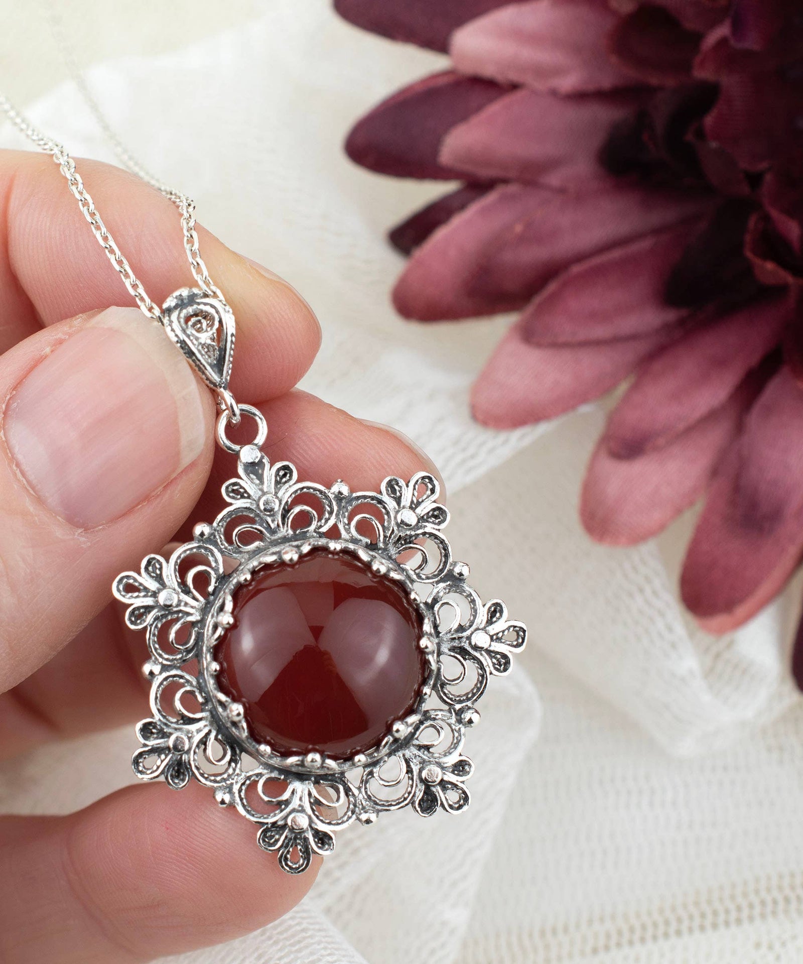 Sterling Silver Filigree Carnelian Pendant with 20" chain