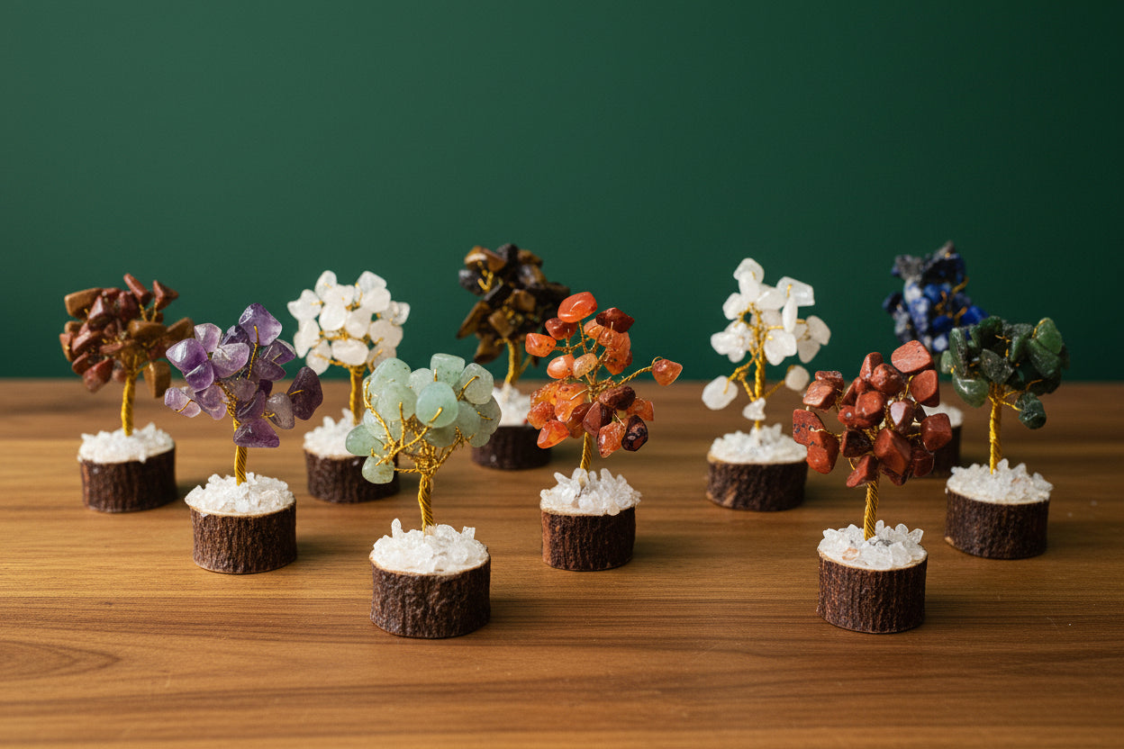 Mini Crystal Chip Tree (golden wire) Wood Base