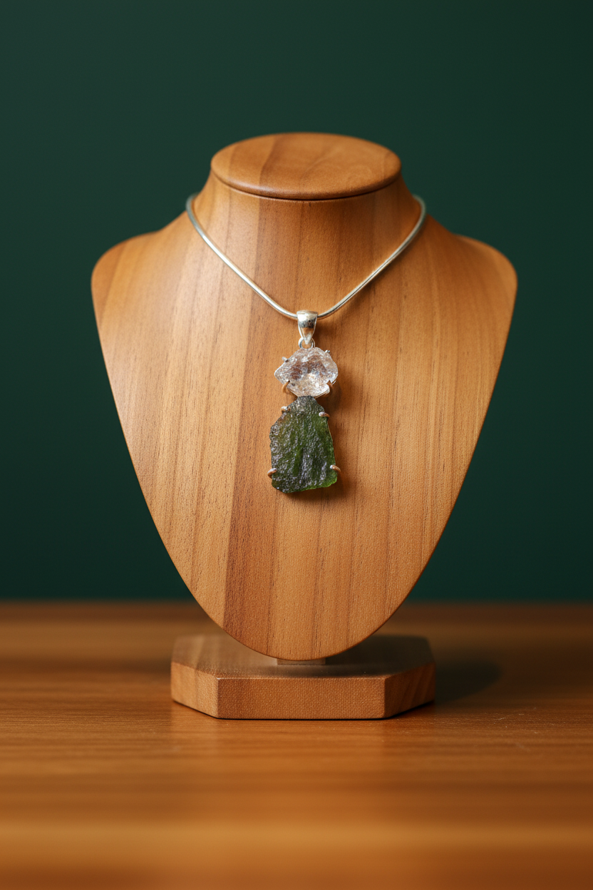 Moldavite and Pakimer Diamond Sterling Silver Pendant