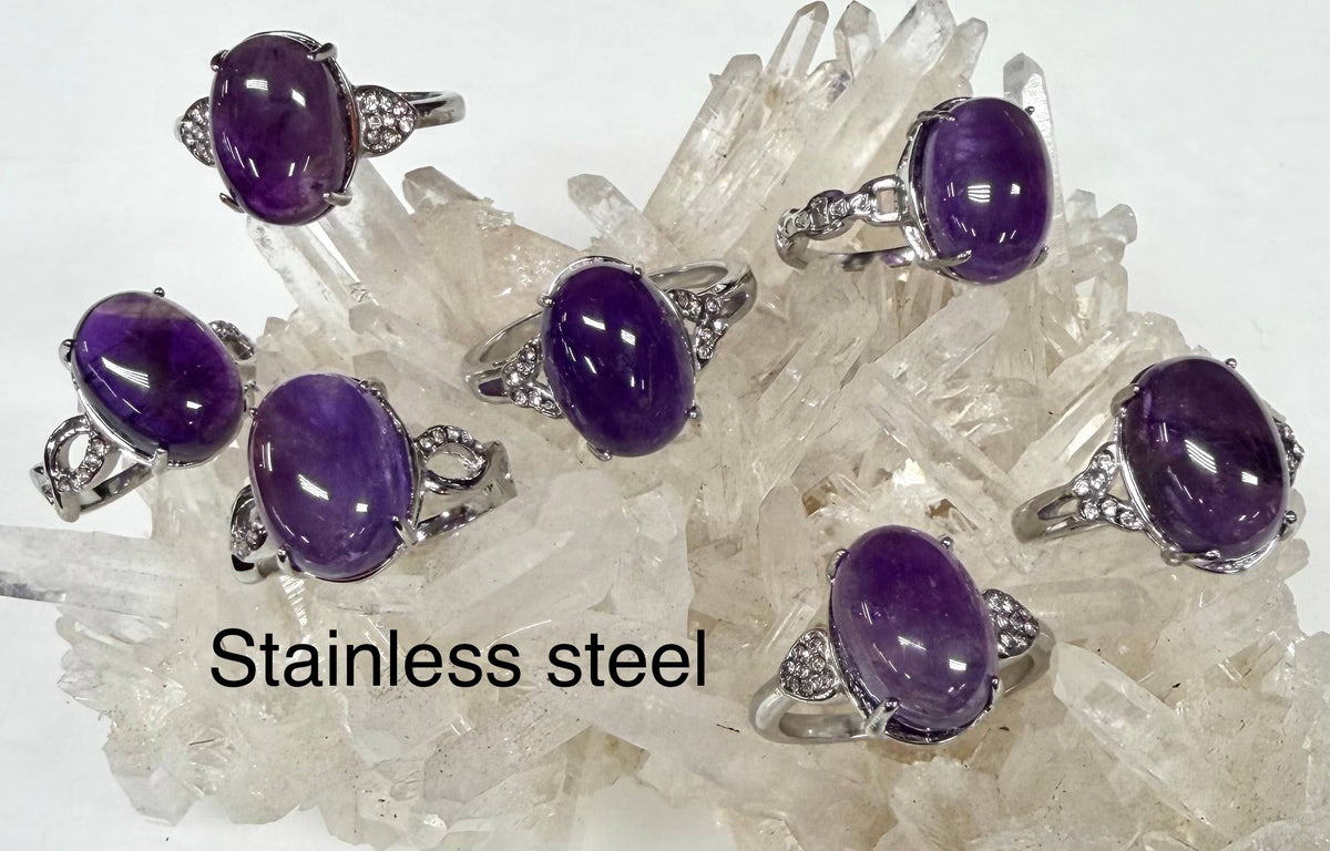 Natural Amethyst Stainless Steel Rings 10x14mm Crystal