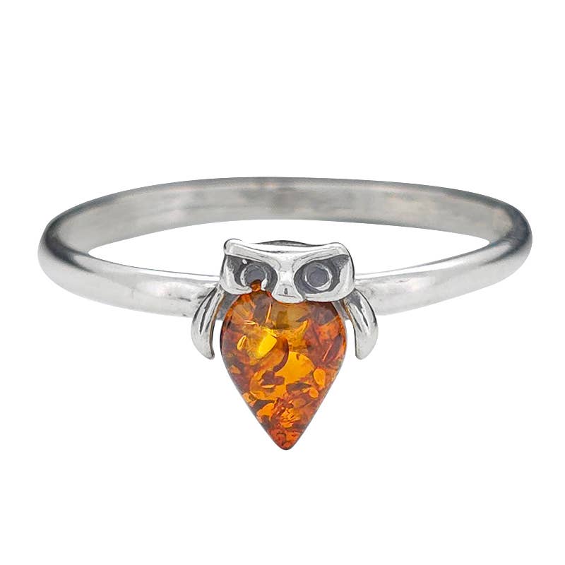 Amber Silver Owl Ring