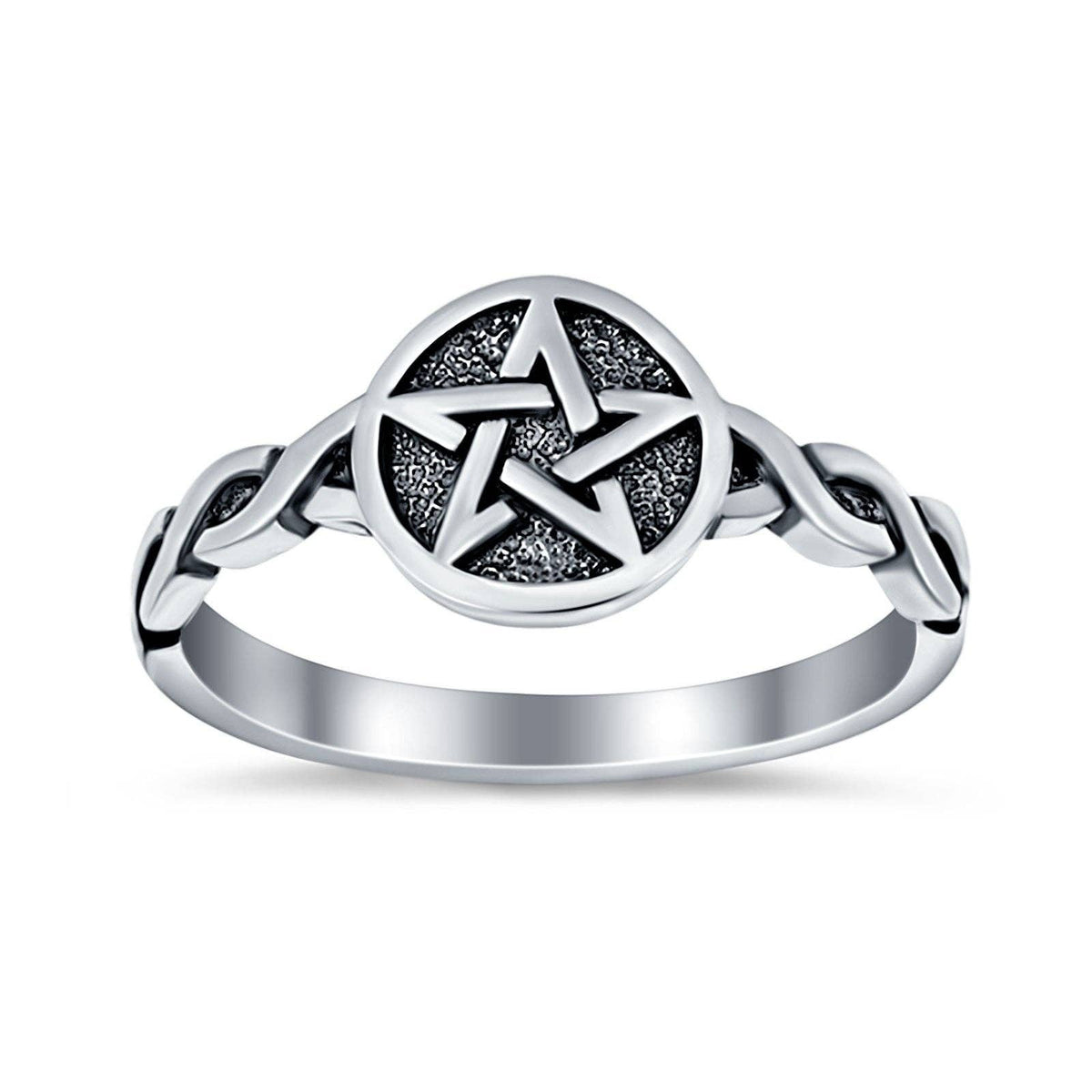 Twisted Braided Shank Oxidized Pentagram sterling Silver Ring