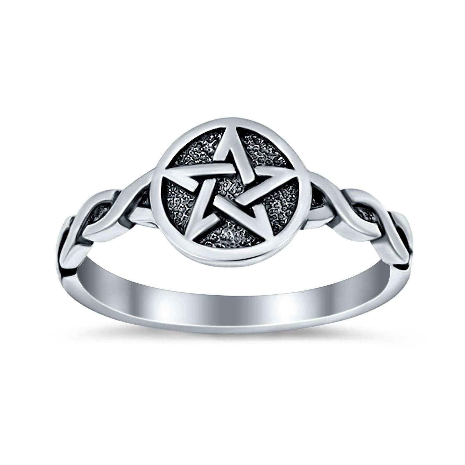 Twisted Braided Shank Oxidized Pentagram sterling Silver Ring