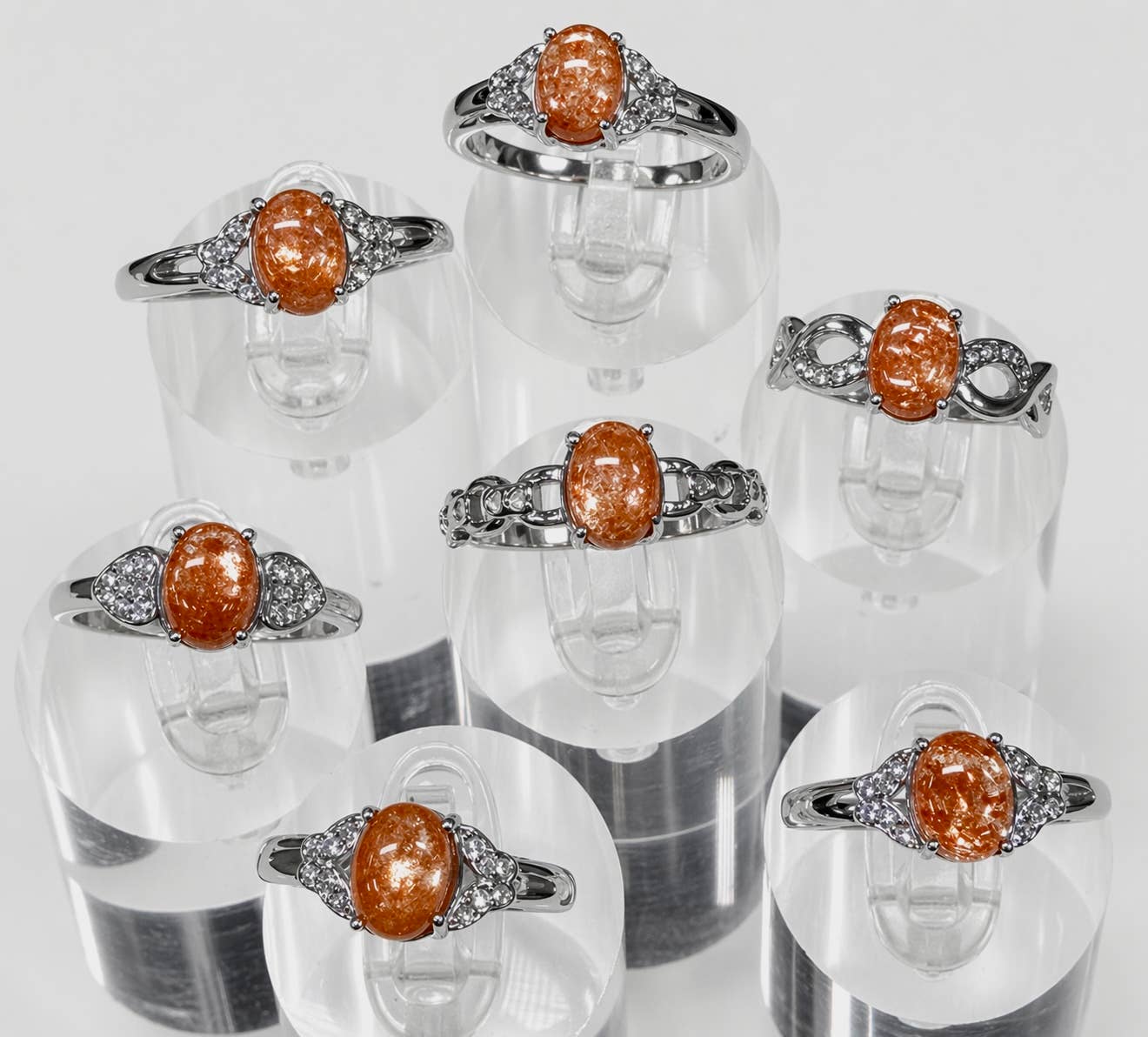 Natural Sunstone Stainless Steel Crystal Rings 6x8mm