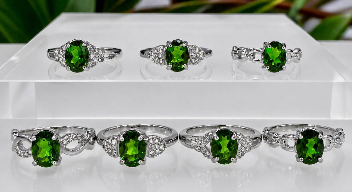Natural Diopside Stainless Steel Ring Crystals 6x8mm