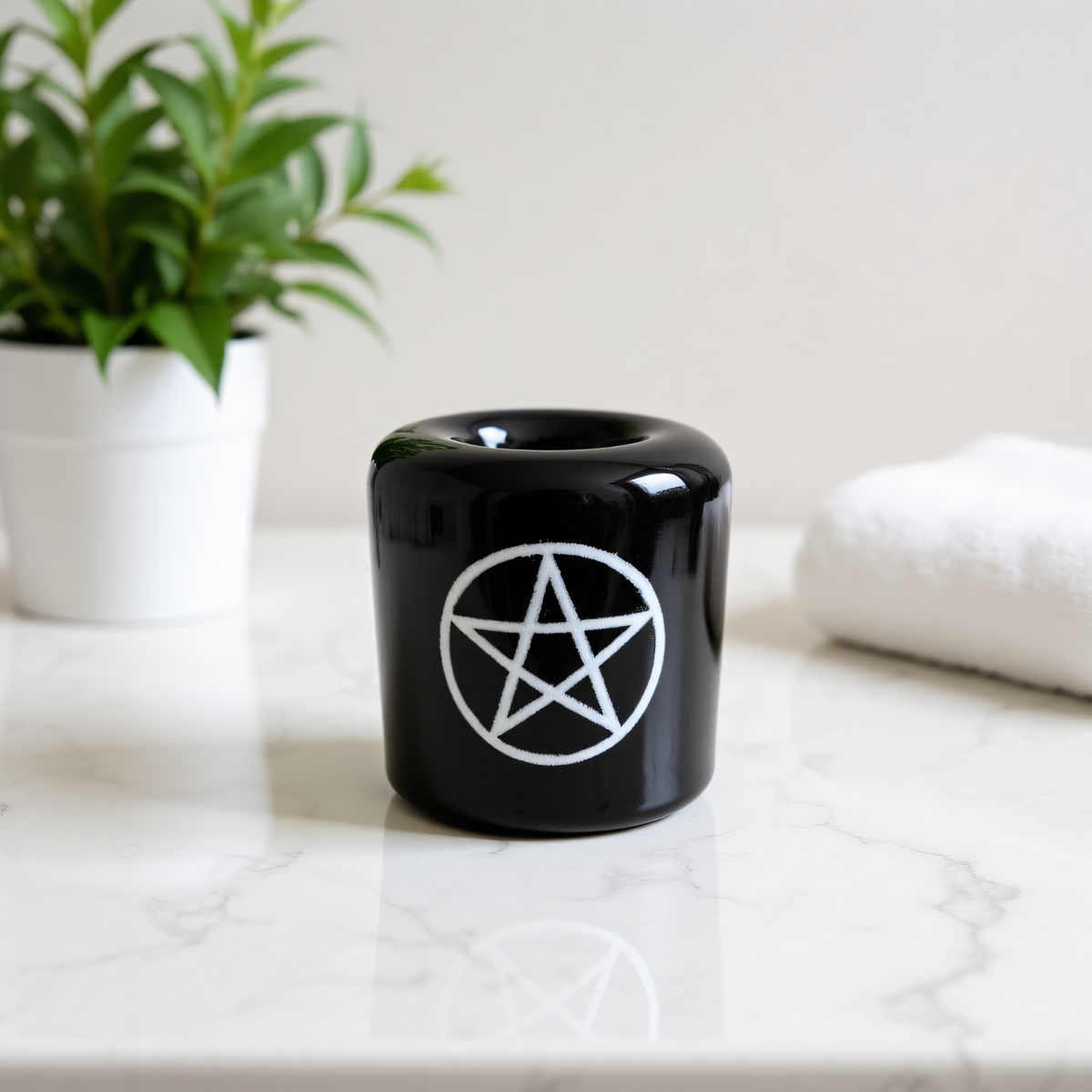 Ceramic Candle Holder Black with White Pentacle