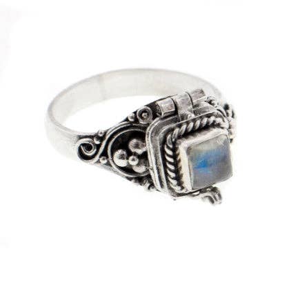 Sterling Silver Square Gemstone Poison Box Locket Ring