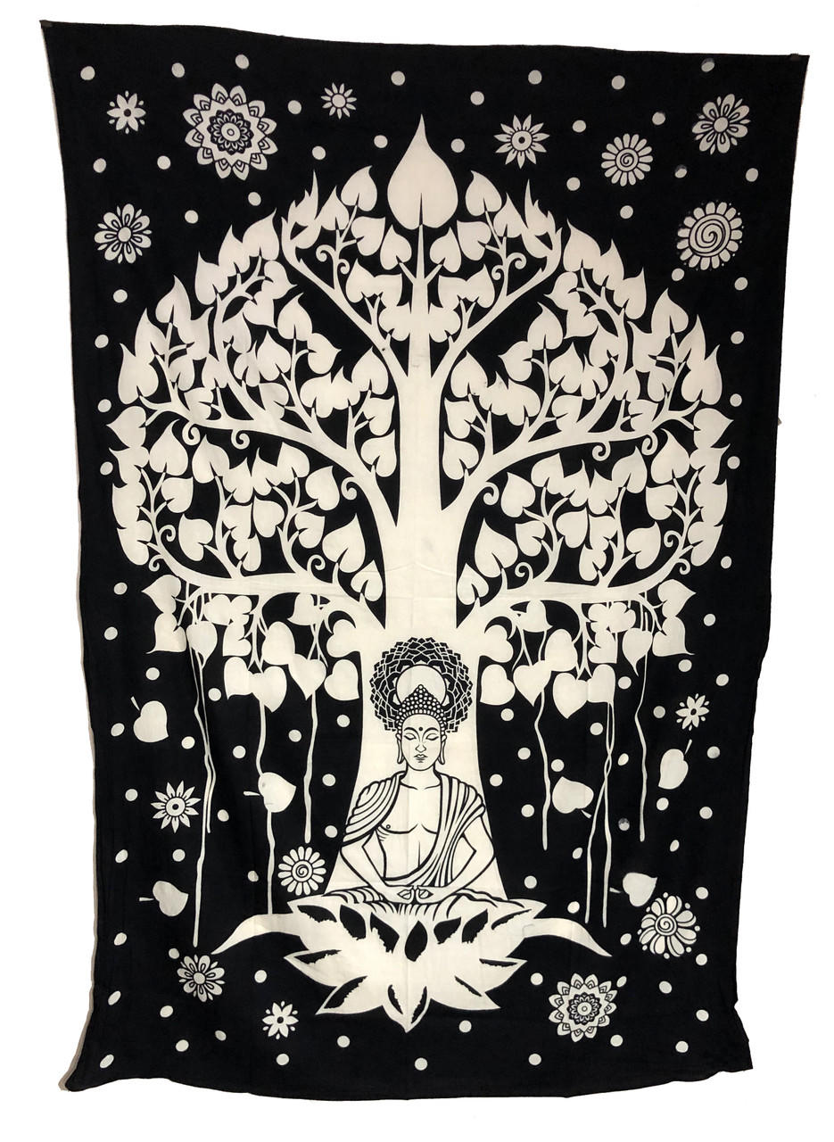Bodhi Tree Buddha Large Tapestry Black & White