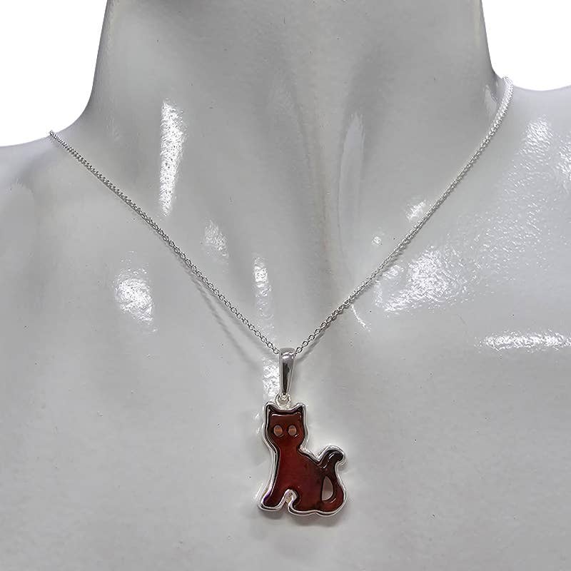 Cherry Amber Sterling Silver Cat Pendant