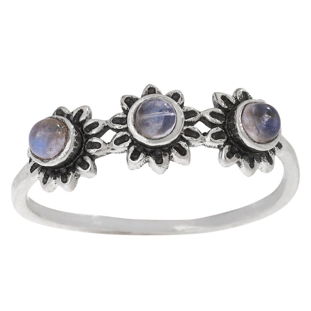 Delightful Daisy Rainbow Moonstone Sterling Silver Ring
