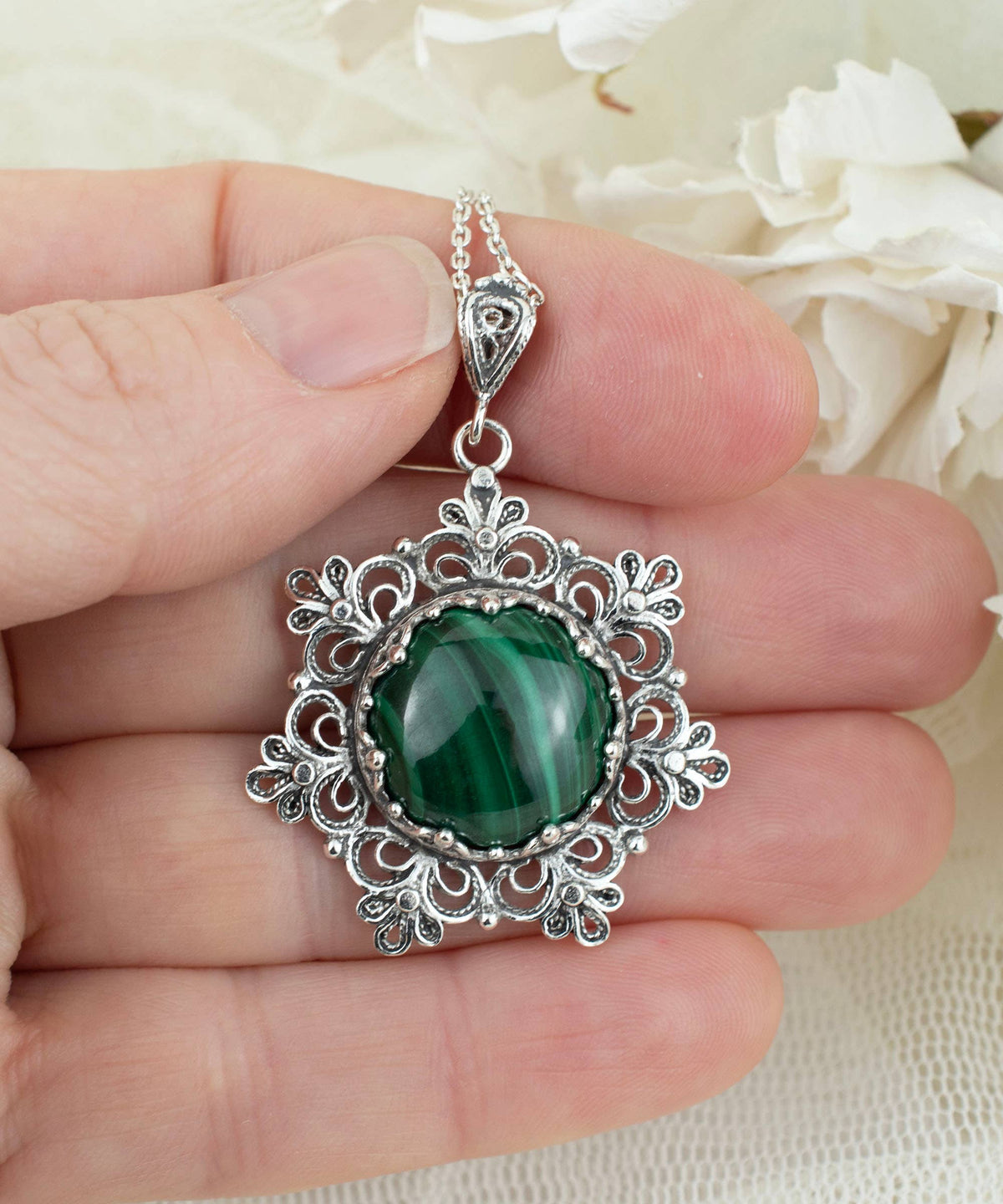 Sterling Silver Filigree Malachite Pendant w/ 20" chain