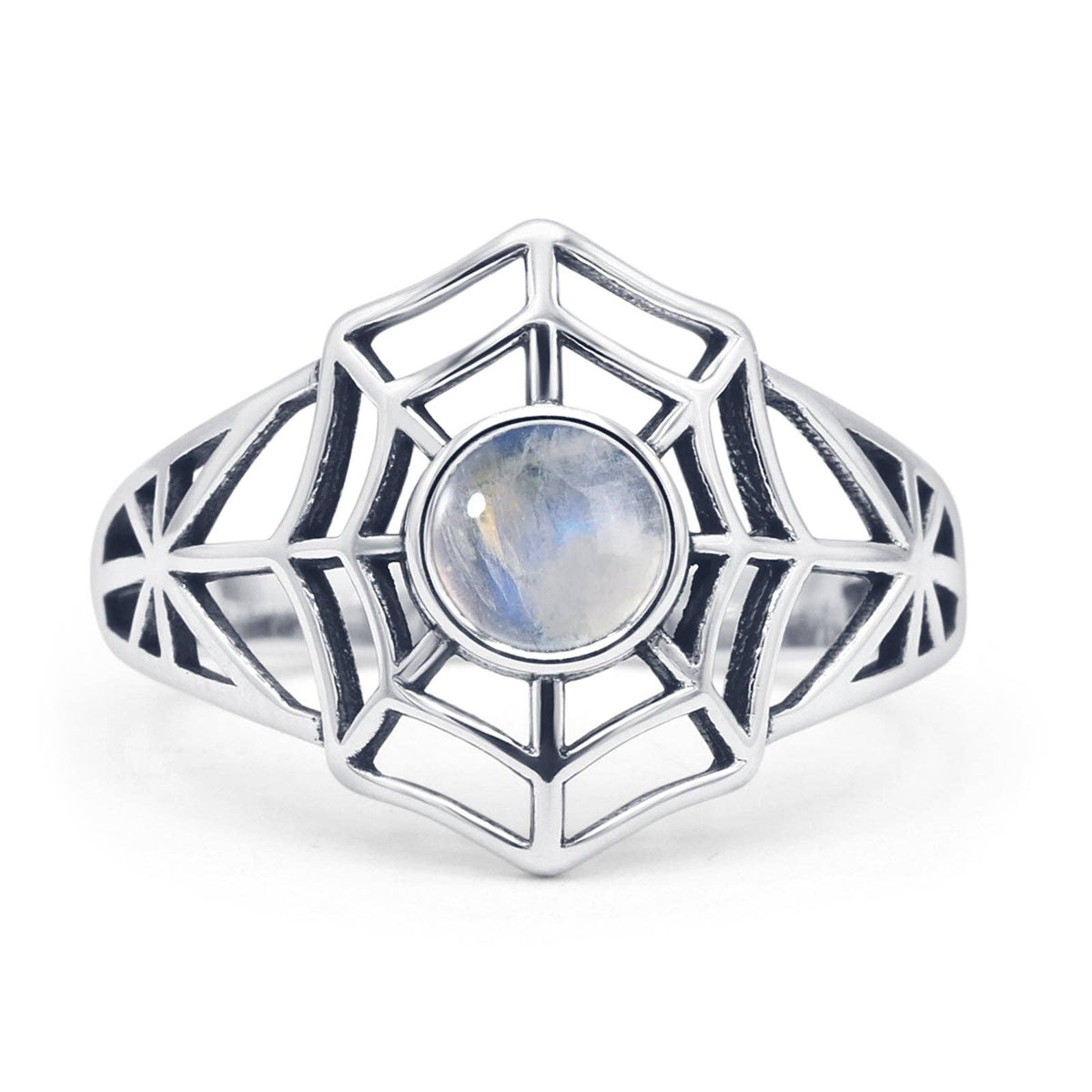 Round Moonstone Sterling Silver Spiderweb Ring